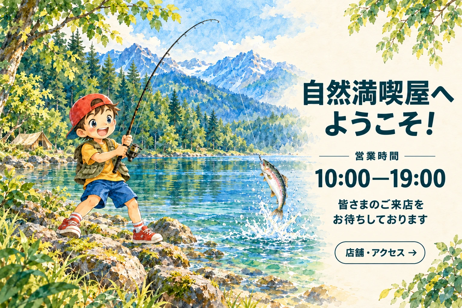 湖畔で釣りを楽しむ満喫くん。自然満喫屋へようこそ! 営業時間10:00〜19:00。皆さまのご来店をお待ちしております。